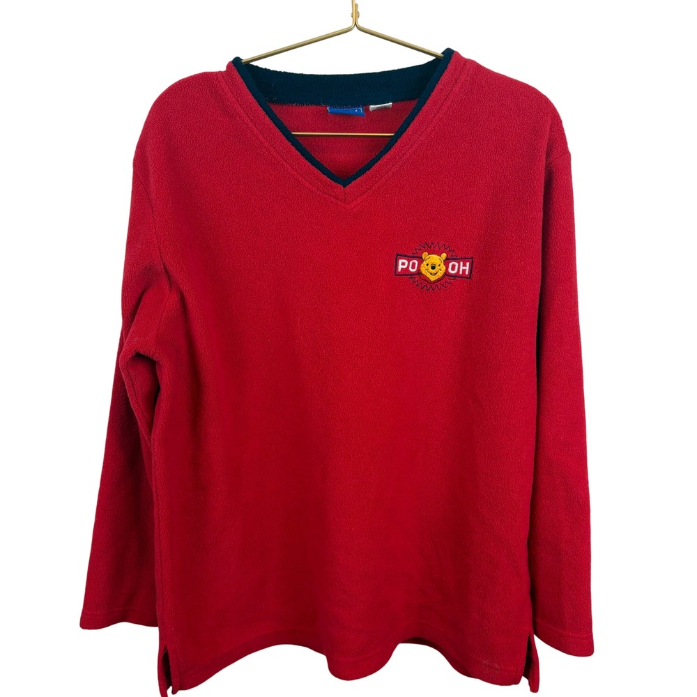Vintage Pooh Winnie the Pooh Red Fleece V-Neck Pullover Sweatshirt Large Disney